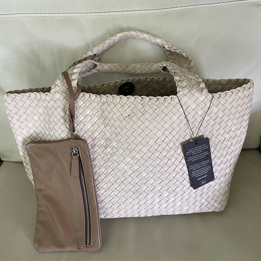 FALOR Tote Shoulder bag, Soft Italian Leather Hand Woven w/pouch OFF WHITE/BEIGE